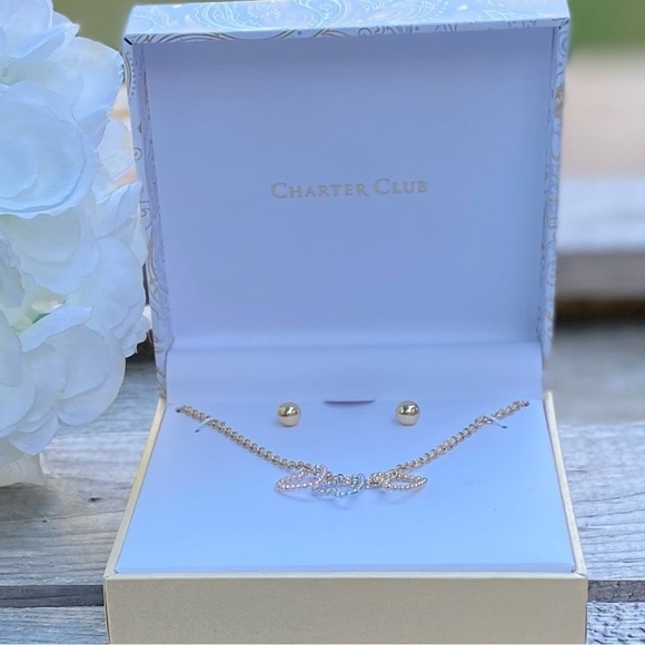 NWT CHARTER CLUB GOLD TONE STUD EARRINGS & TRI-TONE HEART NECKLACE - Picture 4 of 11